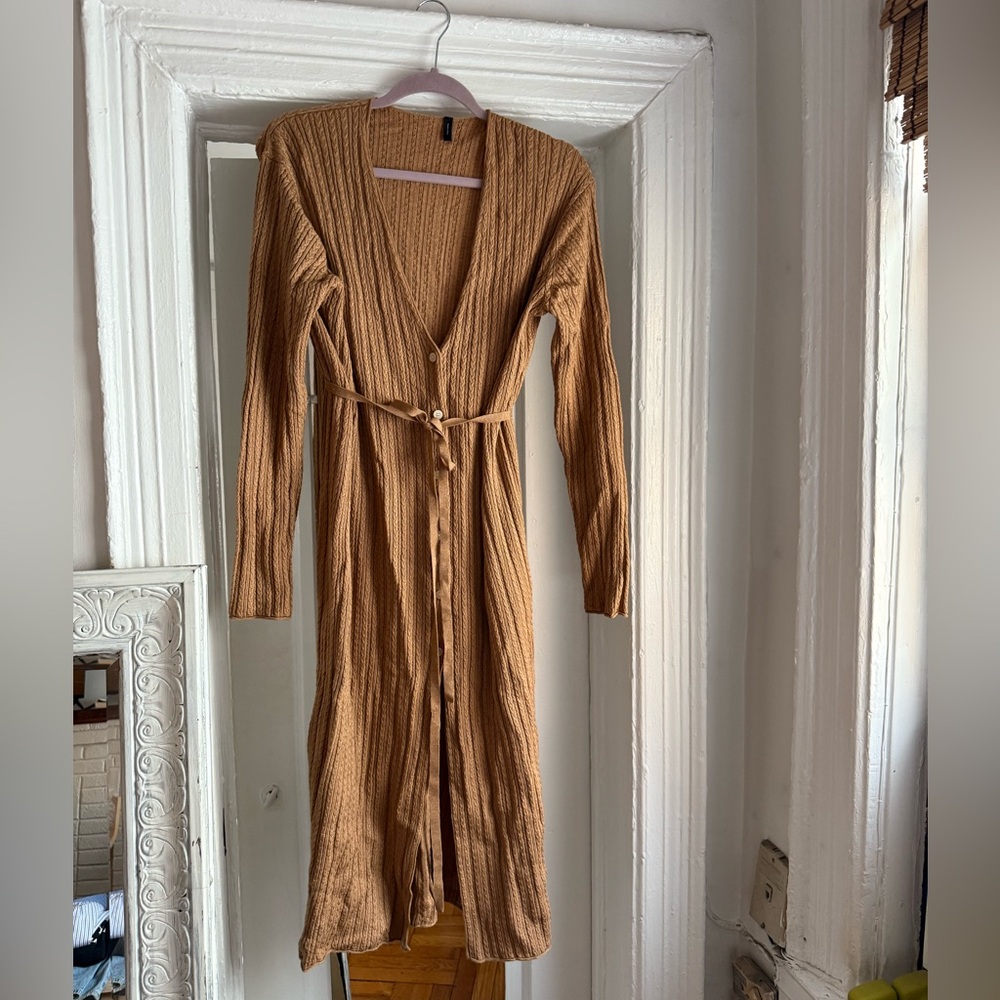 Long Sleeve Ribbed Button-Front Dress in Camel